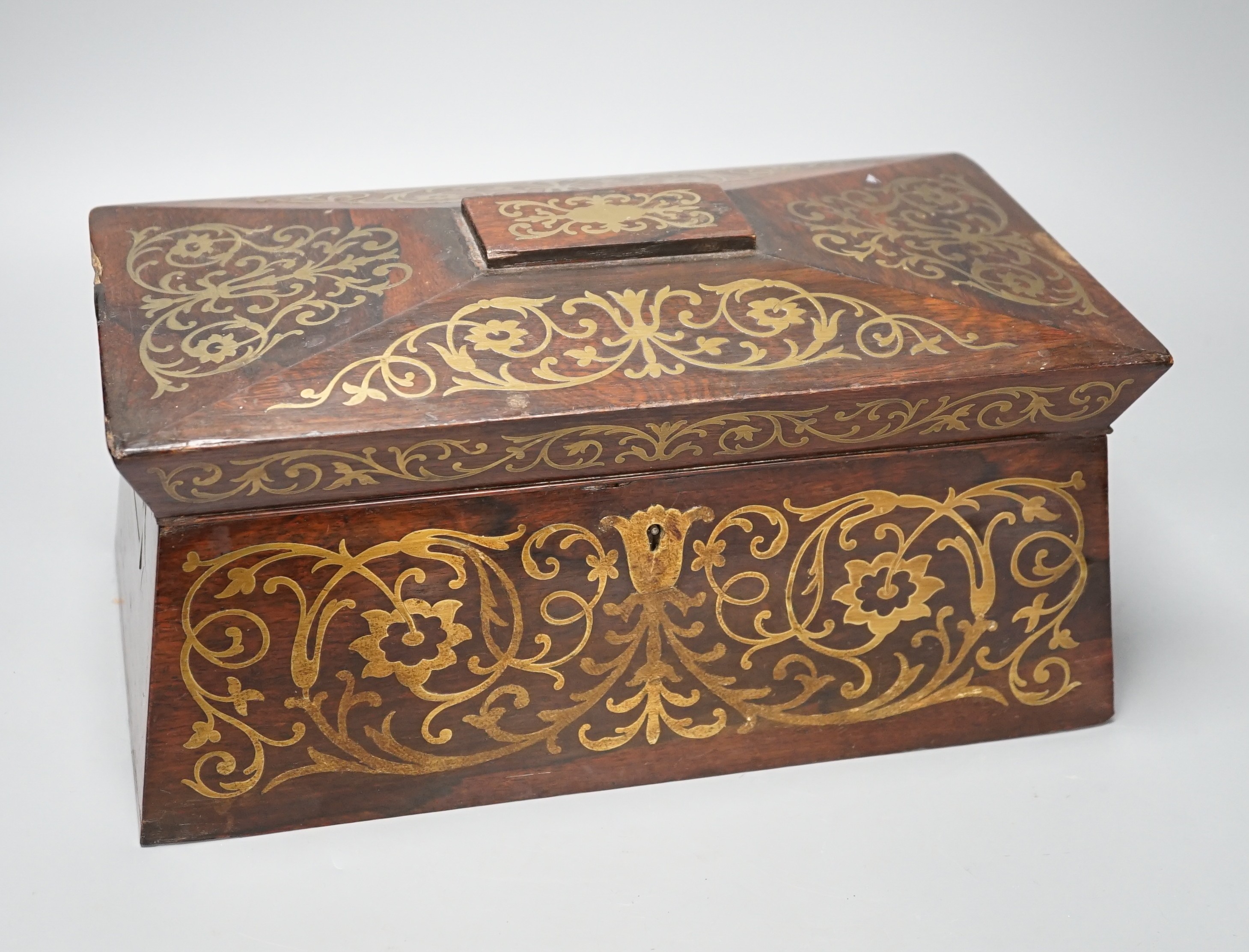 A George IV rosewood and cut brass tea caddy 33cm